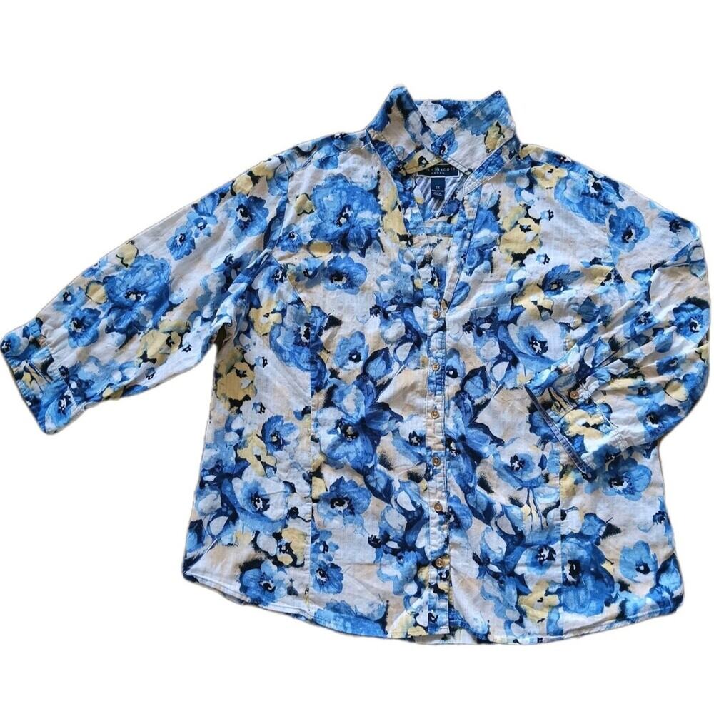 Karen Scott Top Womens 2X Blue White Floral 3/4 Sleeve pullover Cotton Cottage